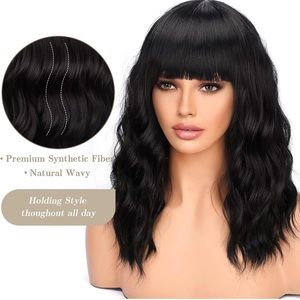 16 inch Black Wavy Bob Wig